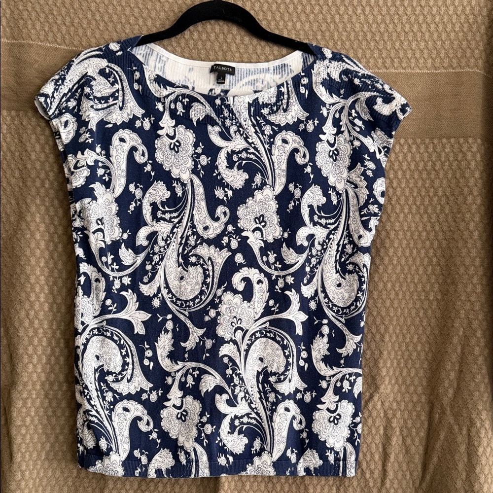 Navy and White Paisley Women's Top